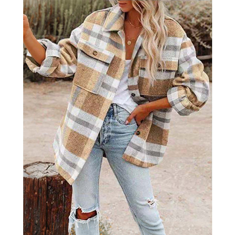 Oversized shirt jacket for women with check pattern and practical pockets Lune London