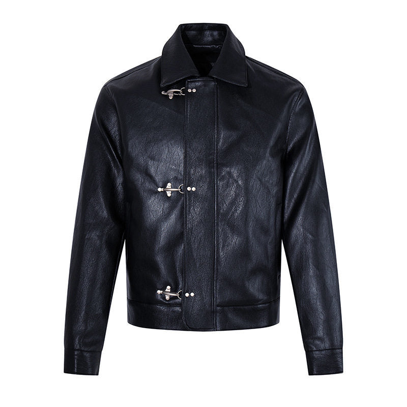 Men's leather jacket with toggle fasteners, short cut and shirt collar Amarae