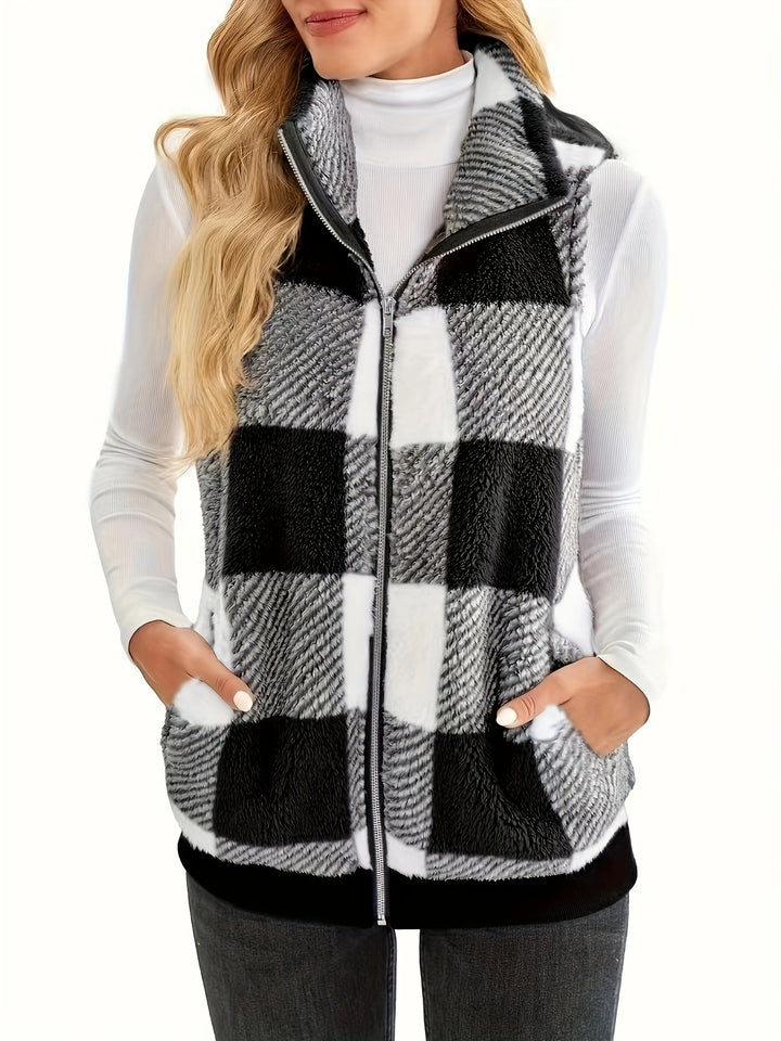 Women plaid fleece gilet with practical pockets Amarae