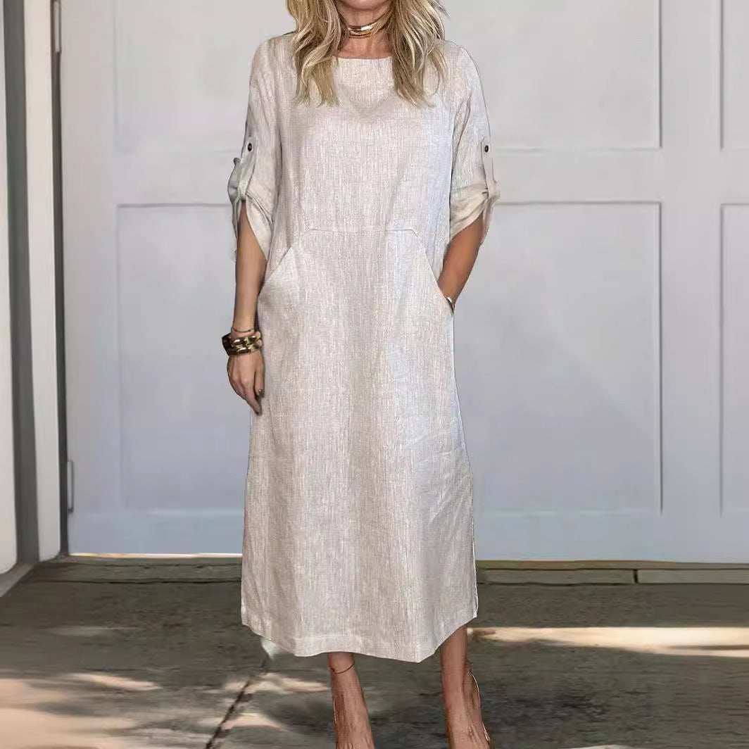 Women's Casual Linen Midi Dress with Side Pockets and Roll-Up Sleeves Chic & Stil
