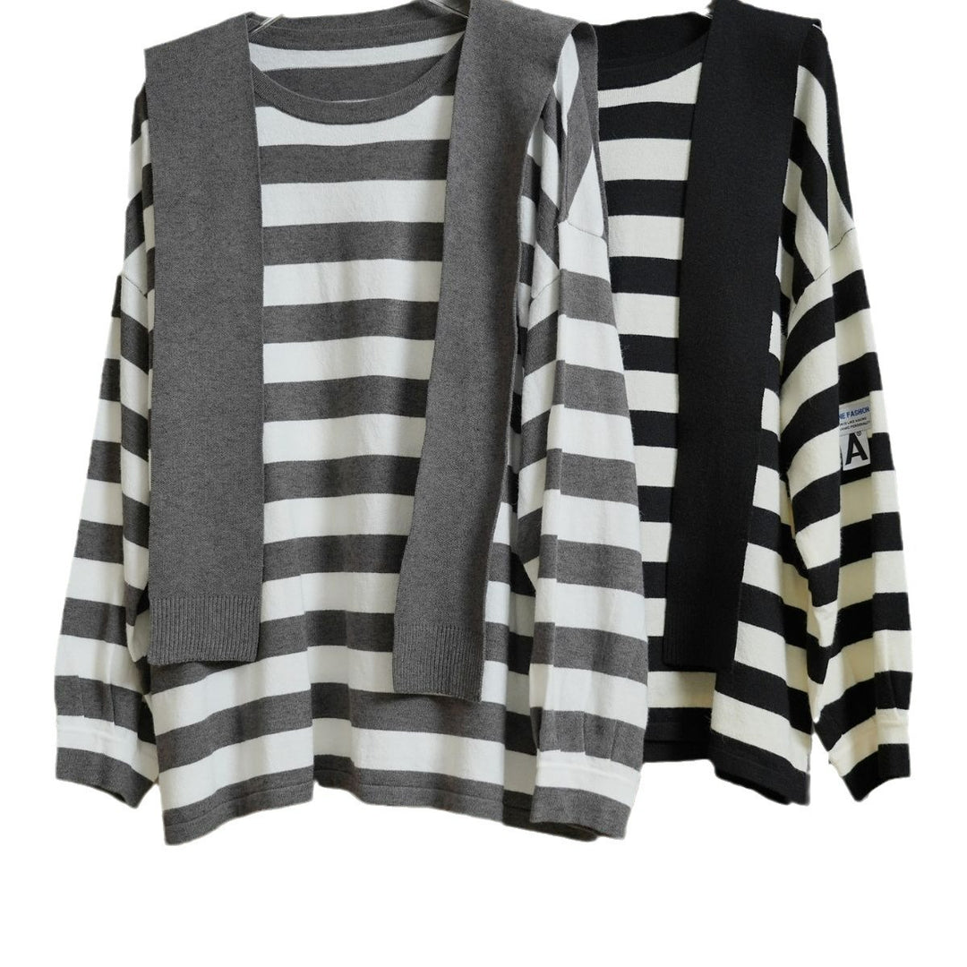 Women's Striped Cotton Fine Knit Sweater with Attached Knit Scarf Amarae