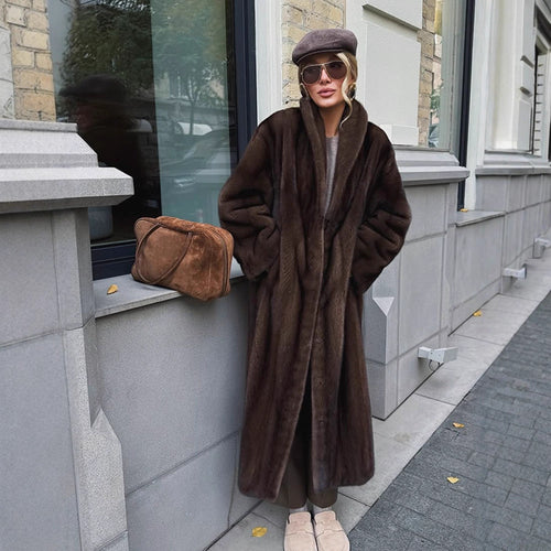 Women Long Faux Fur Coat with Stand-Up Collar and Oversized Fit Amarae