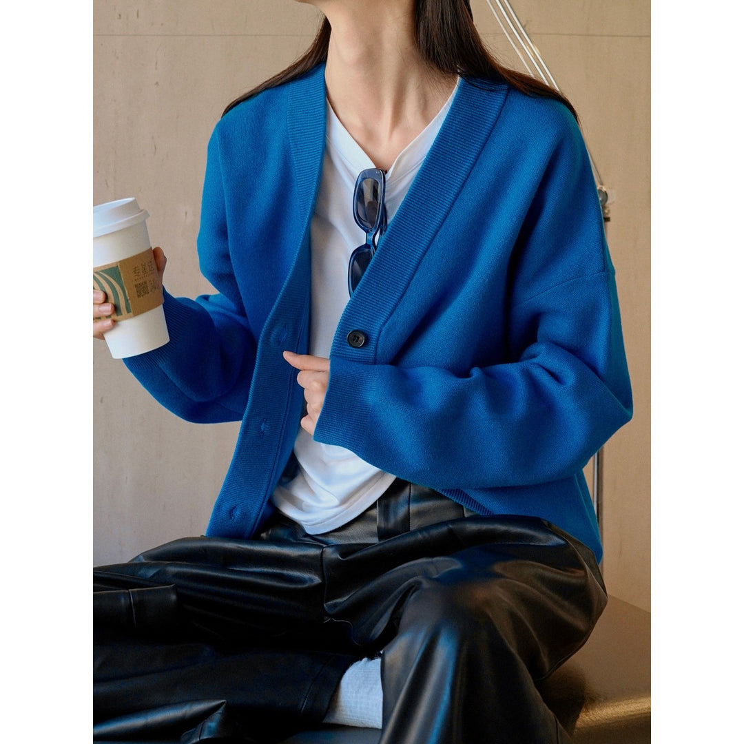 Women's Loose V-Neck Cardigan made of fine cotton blend with drop shoulder and button placket Amarae