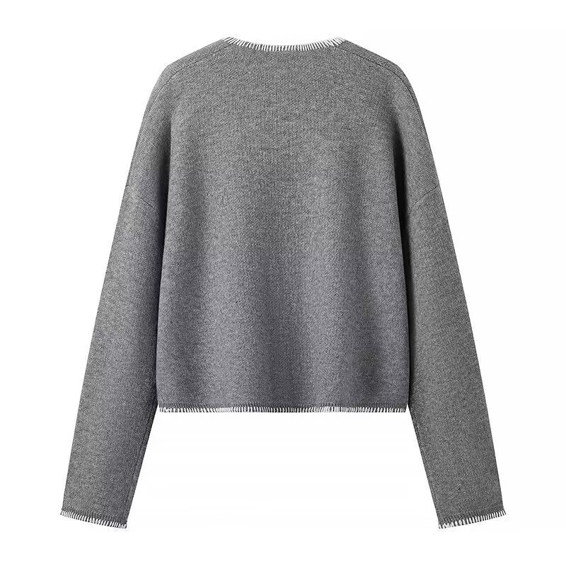 Women Short V-neck Knit Sweater with Patch Pockets and Decorative Stitch Amarae