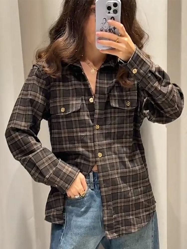 Women Checked Overshirt with Chest Pockets and Gold Snap Buttons Amarae
