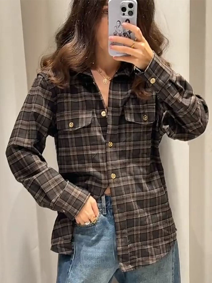 Women Checked Overshirt with Chest Pockets and Gold Snap Buttons Amarae