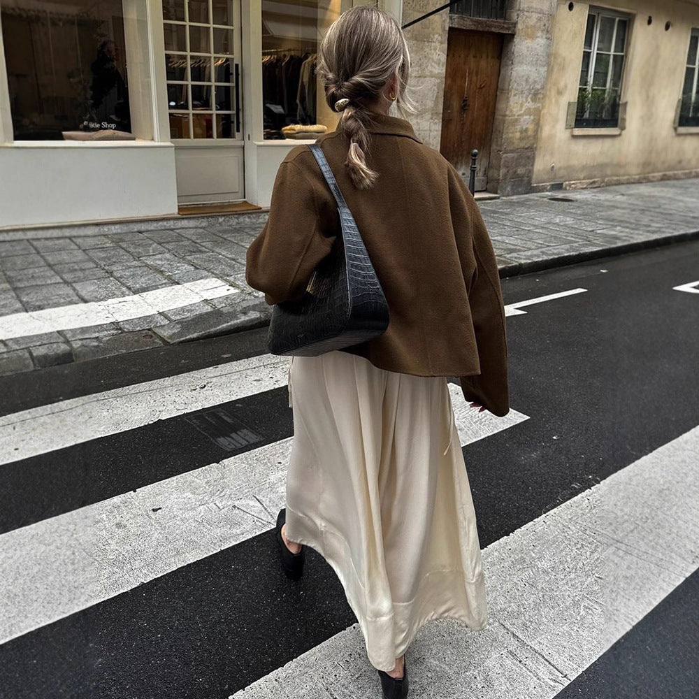 Women Short Wool Blend Blazer with Boxy Silhouette and Extra Long Sleeves Amarae