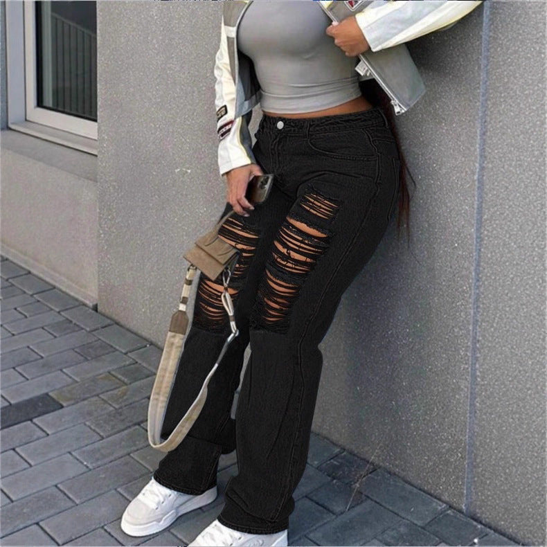 Women's high-cut wide denim jeans with pronounced ripped details and a casual fit Amarae