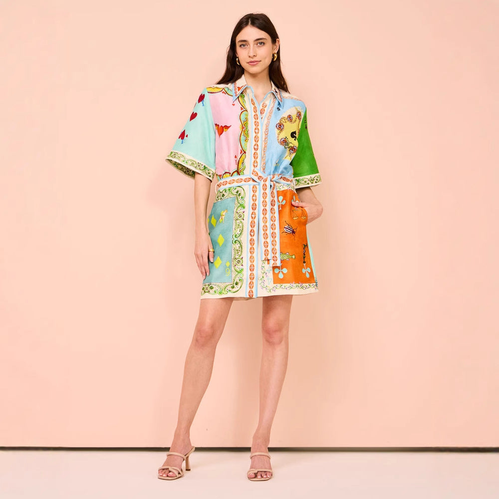 Women's shirt dress with colorful patchwork pattern and waist belt Lune London