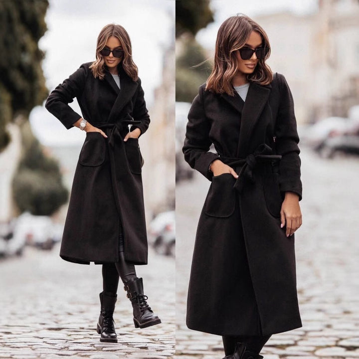 Ladies elegant wrap coat with practical pockets and adjustable belt Lune London