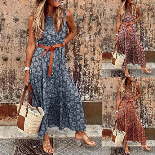 Bohemian maxi dress for women with a waist belt and floral pattern Amarae