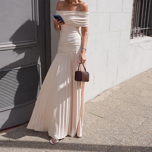 Elegant off-shoulder maxi dresses for women with pleated details and flattering cut Amarae