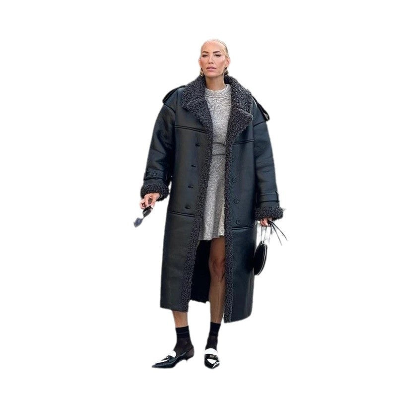Ladies Trendy Synthetic Leather Coat with Oversized Collar and Belt Lune London