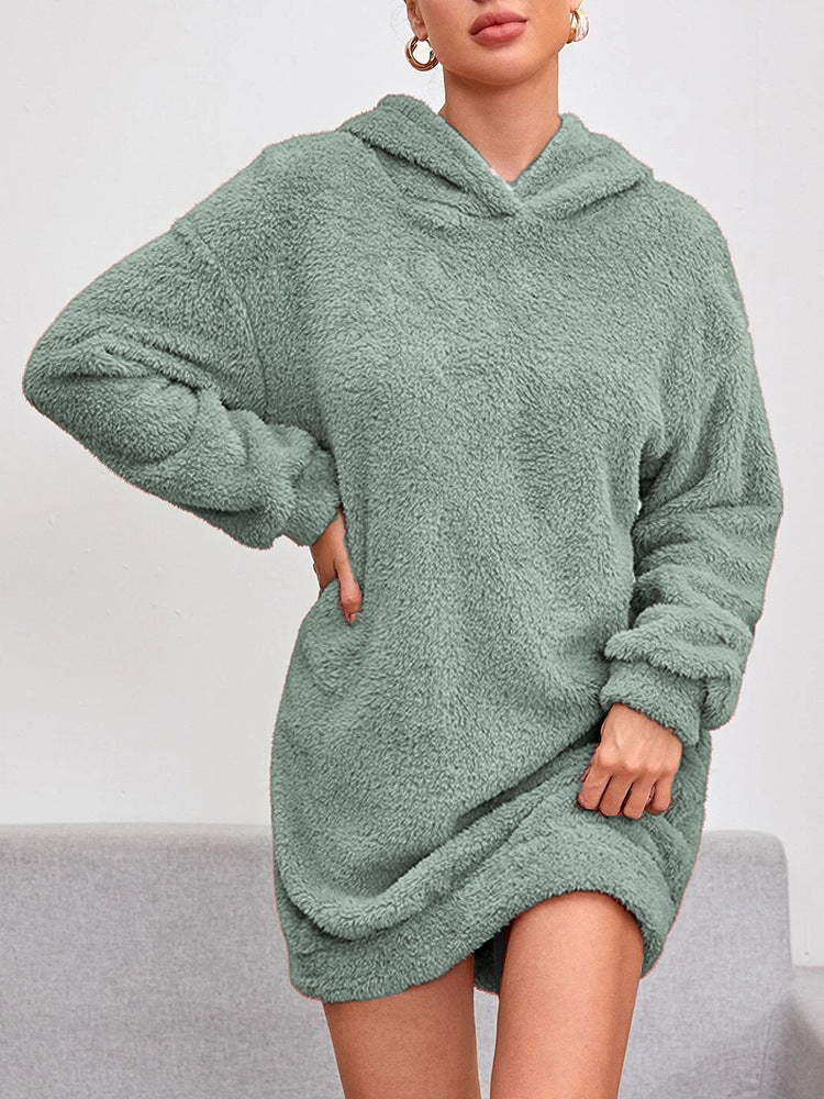 Fleece hoodie dress for women with hood and practical pockets Lune London