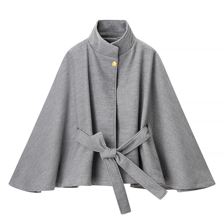 Women's short cape made of wool blend with asymmetric stand-up collar and waist tie belt Amarae