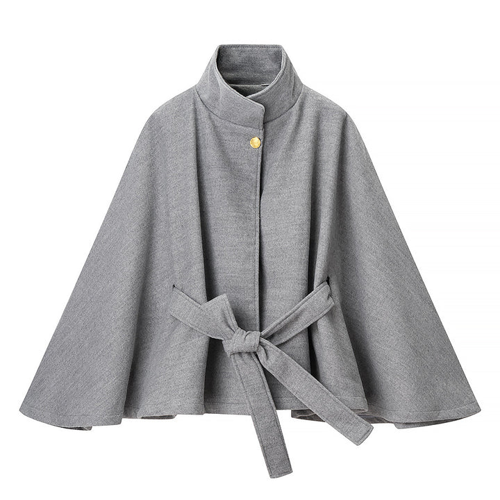 Women's short cape made of wool blend with asymmetric stand-up collar and waist tie belt Amarae