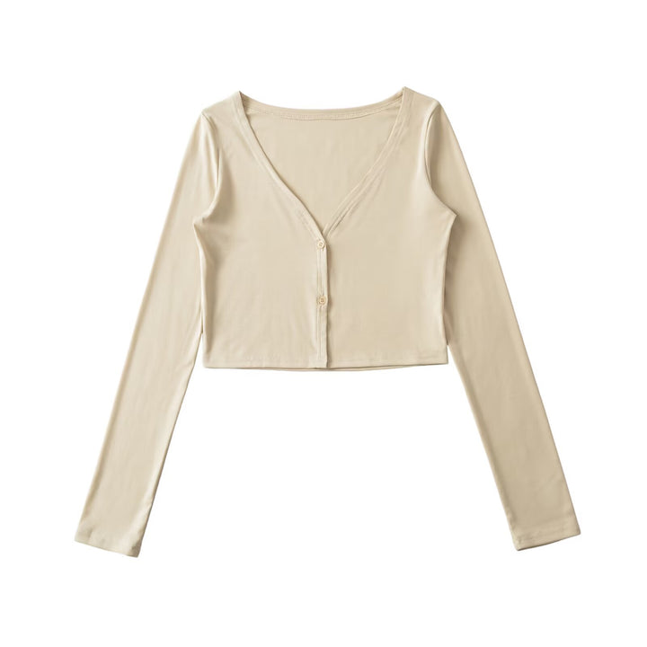 Women Cropped Jersey Cardigan with Deep V-Neck and Narrow Button Placket Amarae