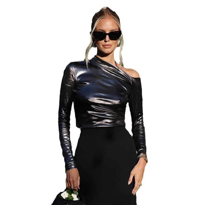Long sleeve T-shirt for women with an asymmetrical cut and shiny finish Lune London