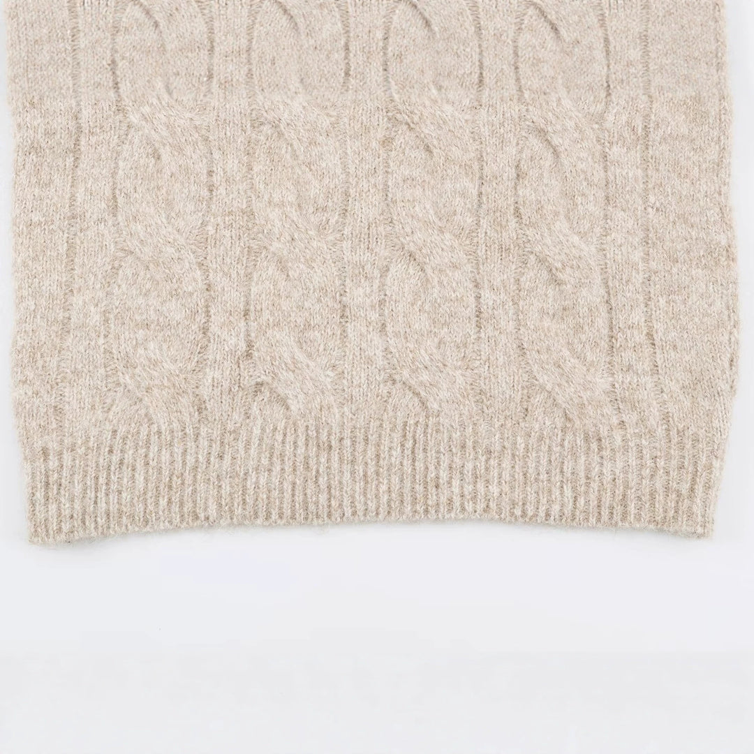 Women's Chunky Knit Long Sweater with Cable Pattern and Half-High Zip Collar Amarae