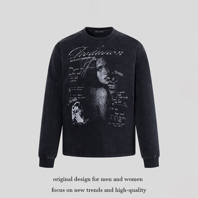 Men's Longsleeve with Vintage Girl Graphic and Used Wash Amarae