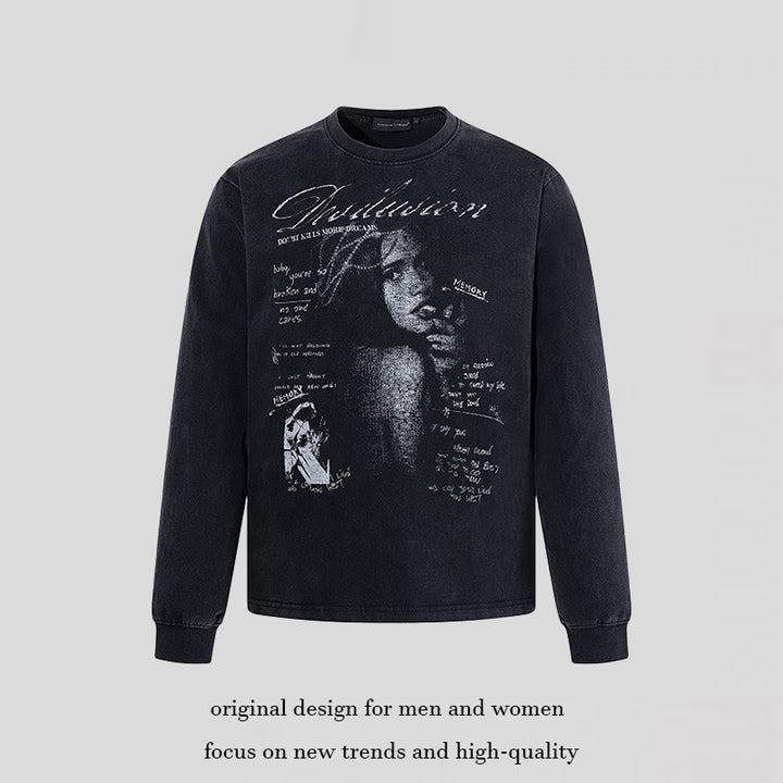 Men's Longsleeve with Vintage Girl Graphic and Used Wash Amarae