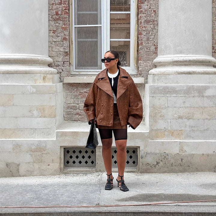 Women's Cropped Boxy Faux Leather Coat with Oversized Lapels and Double-Breasted Button Placket Amarae