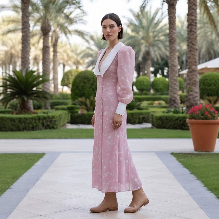Women's midi dress with deep shawl collar, puff sleeves, and side slit Amarae