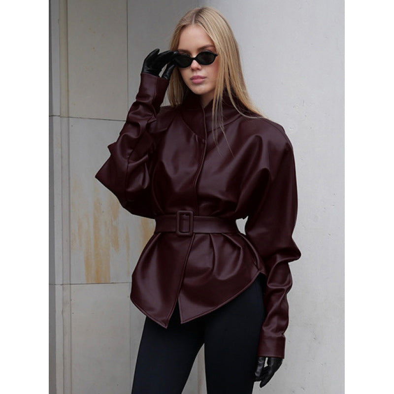 Women's leather look jacket with fitted belt and high stand-up collar Amarae