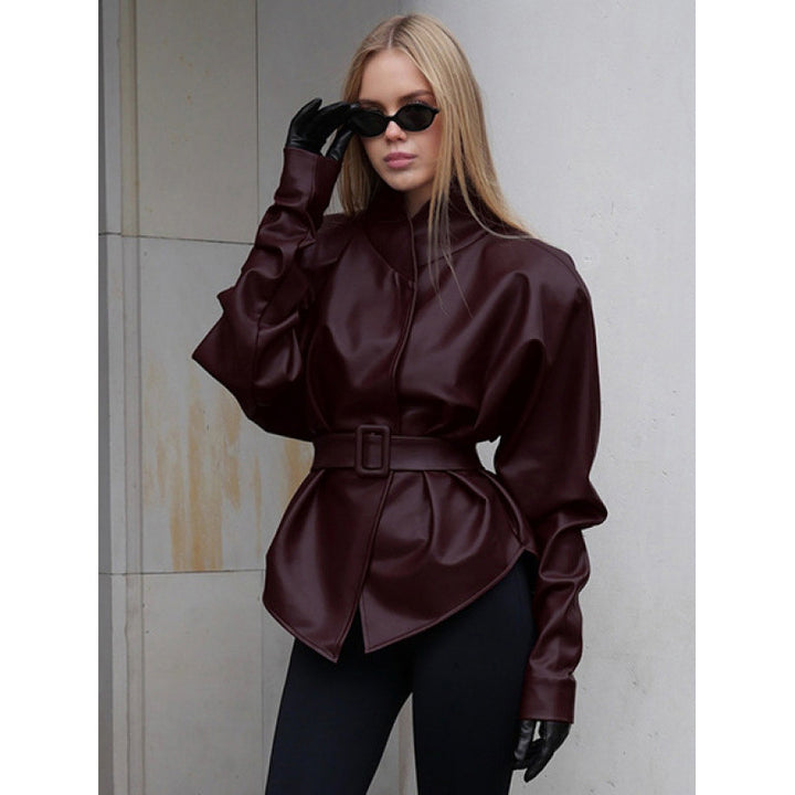 Women's leather look jacket with fitted belt and high stand-up collar Amarae