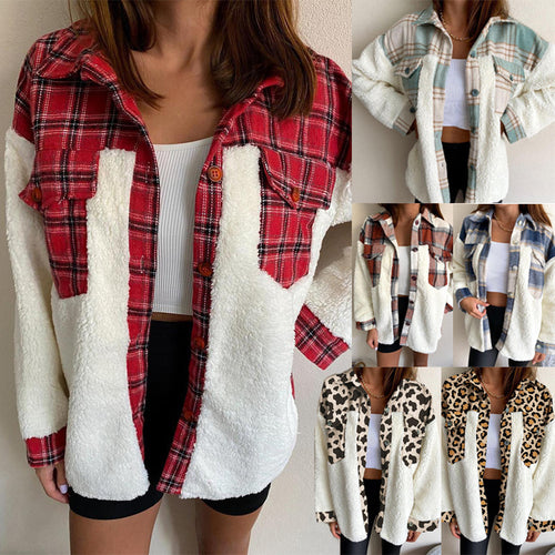 Ladies Oversized Casual Checkered Fleece Jacket with Pockets Amarae
