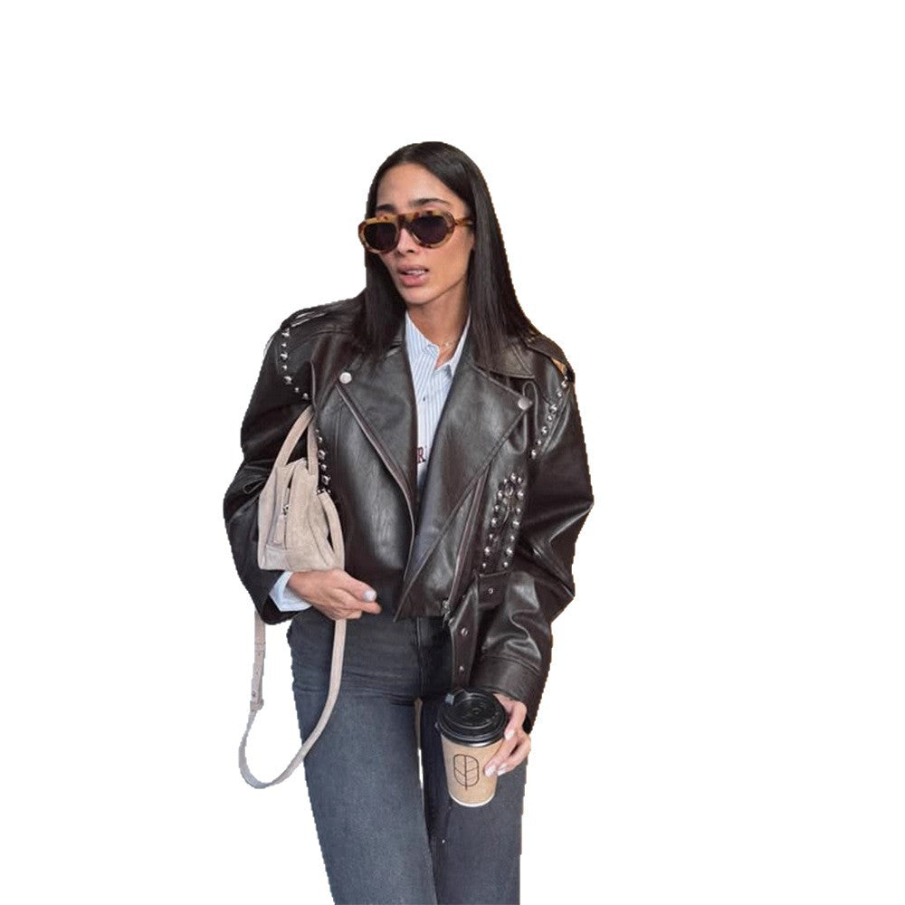Women's Short Studded Biker Jacket Made of Faux Leather with Waist Belt Amarae