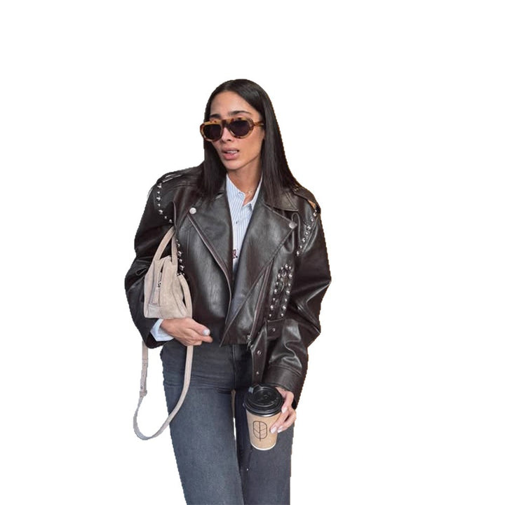 Women's Short Studded Biker Jacket Made of Faux Leather with Waist Belt Amarae