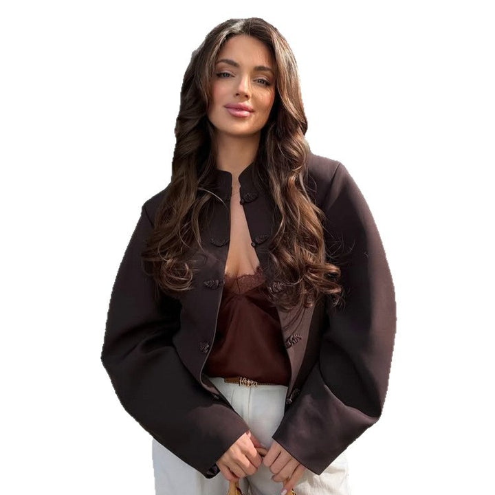 Women Short-cut Boxy Blazer with Stand Collar and Chinese Knot Buttons Amarae