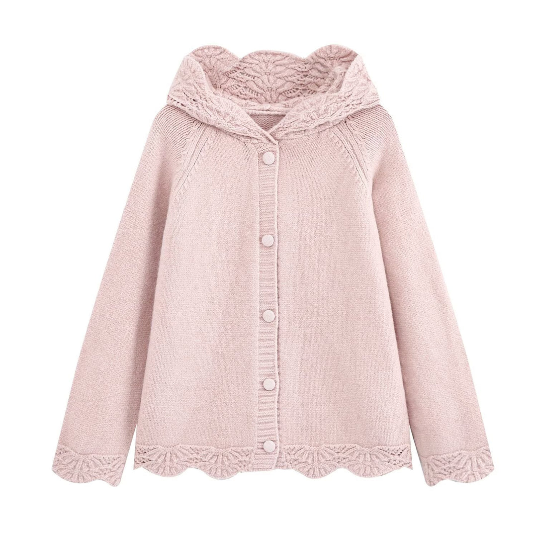 Women's fine knit cardigan with hood, button placket and crocheted trim Amarae