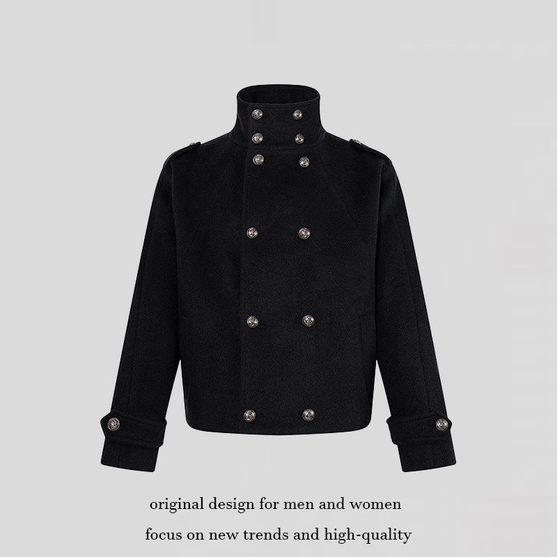 Women Short Double-Breasted Military Cab Jacket with Stand Collar and Epaulettes Amarae