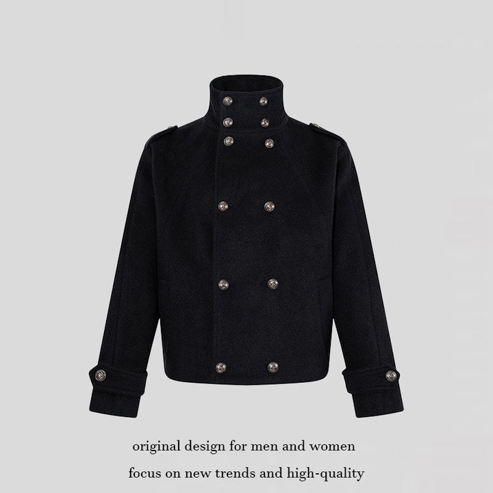 Women Short Double-Breasted Military Cab Jacket with Stand Collar and Epaulettes Amarae