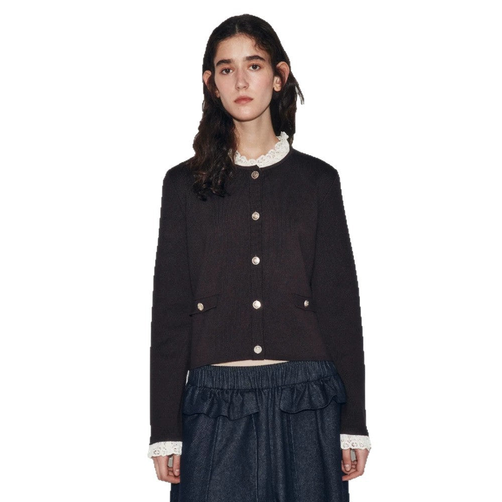 Women's Short Cut Fine Knit Cardigan with Round Neck, Decorative Buttons and Flap Pockets Amarae