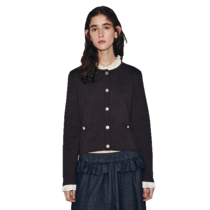 Women's Short Cut Fine Knit Cardigan with Round Neck, Decorative Buttons and Flap Pockets Amarae