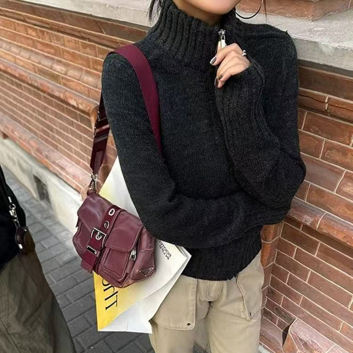 Knit sweater for women with high turtle neck and ribbed structure Lune London
