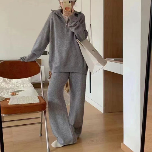 Comfortable knit set for women with half-zip and wide leg Amarae