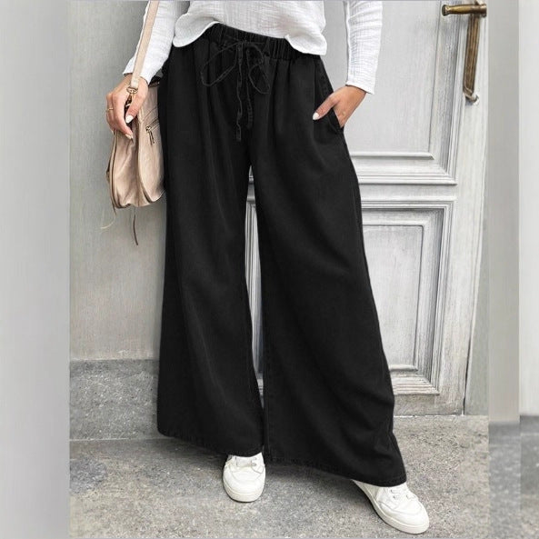 Women's Long Denim Maxi Skirt with Drawstring Waist, Wide A-Line Cut and Side Pockets Amarae