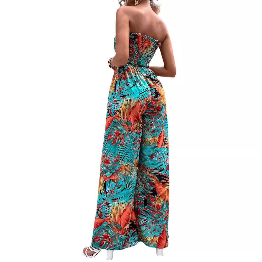Ladies Sleeveless Tropical Print Wide Leg Jumpsuit Lune London