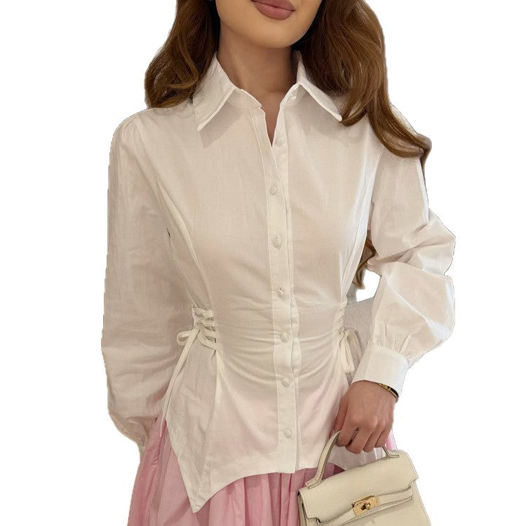 Women tailored cotton blouse with side lacing and balloon sleeves Amarae