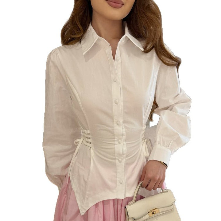 Women tailored cotton blouse with side lacing and balloon sleeves Amarae