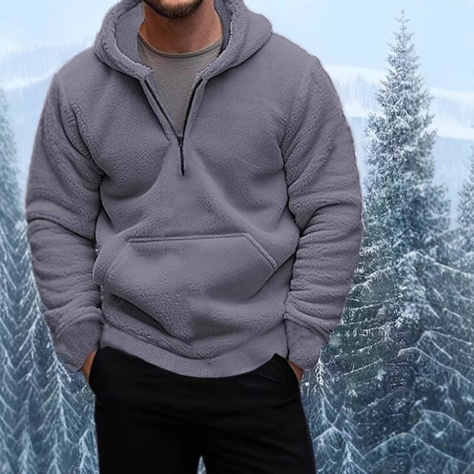 Men's Cozy Fleece Hooded Sweatshirt with Mid-Length Zip Lune London