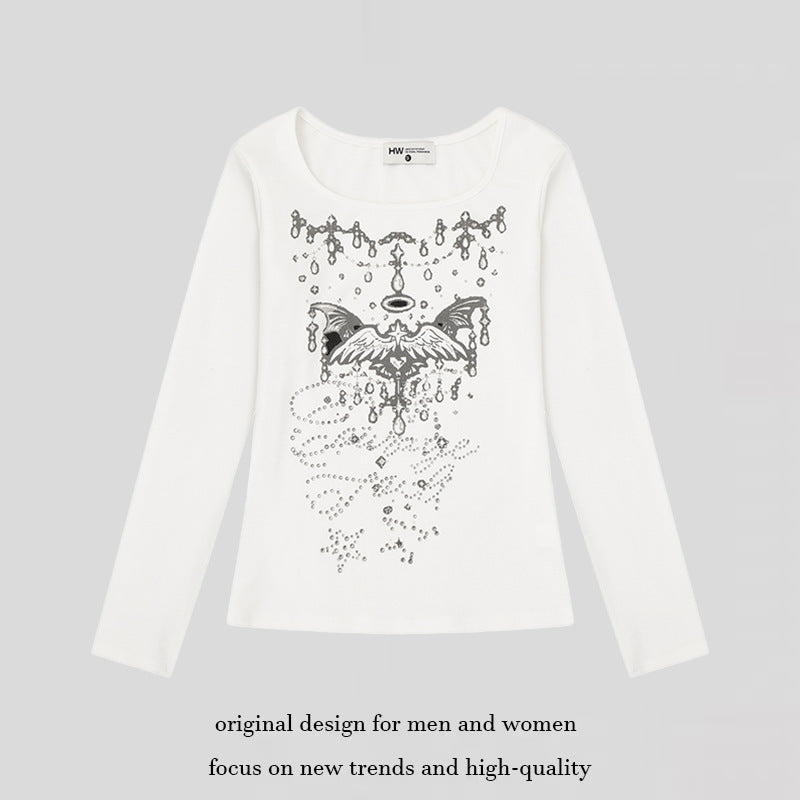 Women's long-sleeve shirt with round neckline, rhinestone print and angel motif Amarae