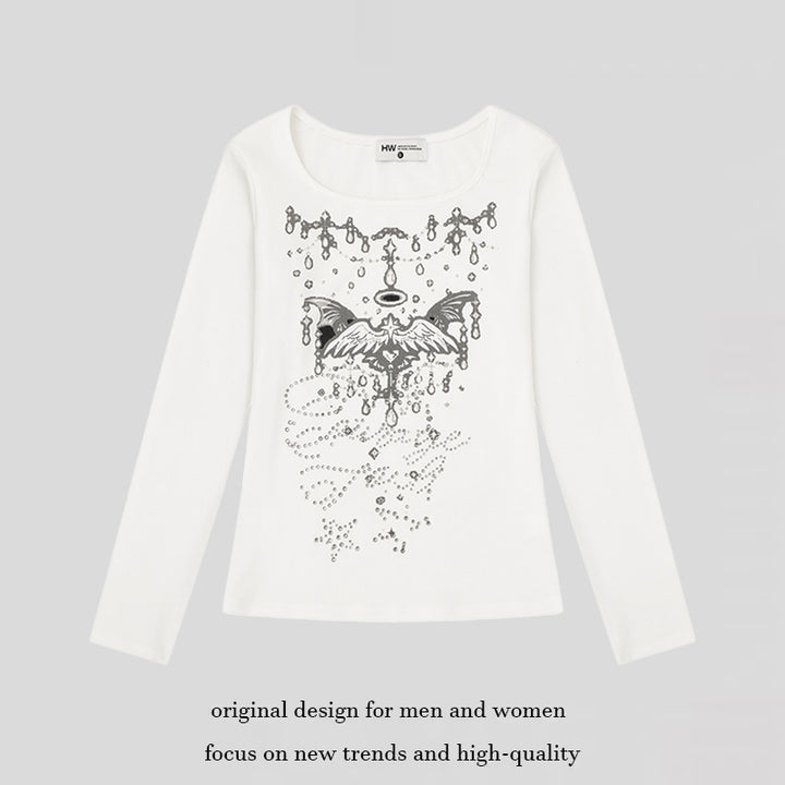 Women's long-sleeve shirt with round neckline, rhinestone print and angel motif Amarae