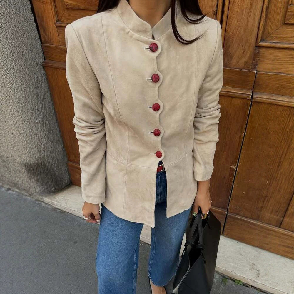 Women's Tailored Suede Blazer with Stand Collar and Decorative Buttons Amarae