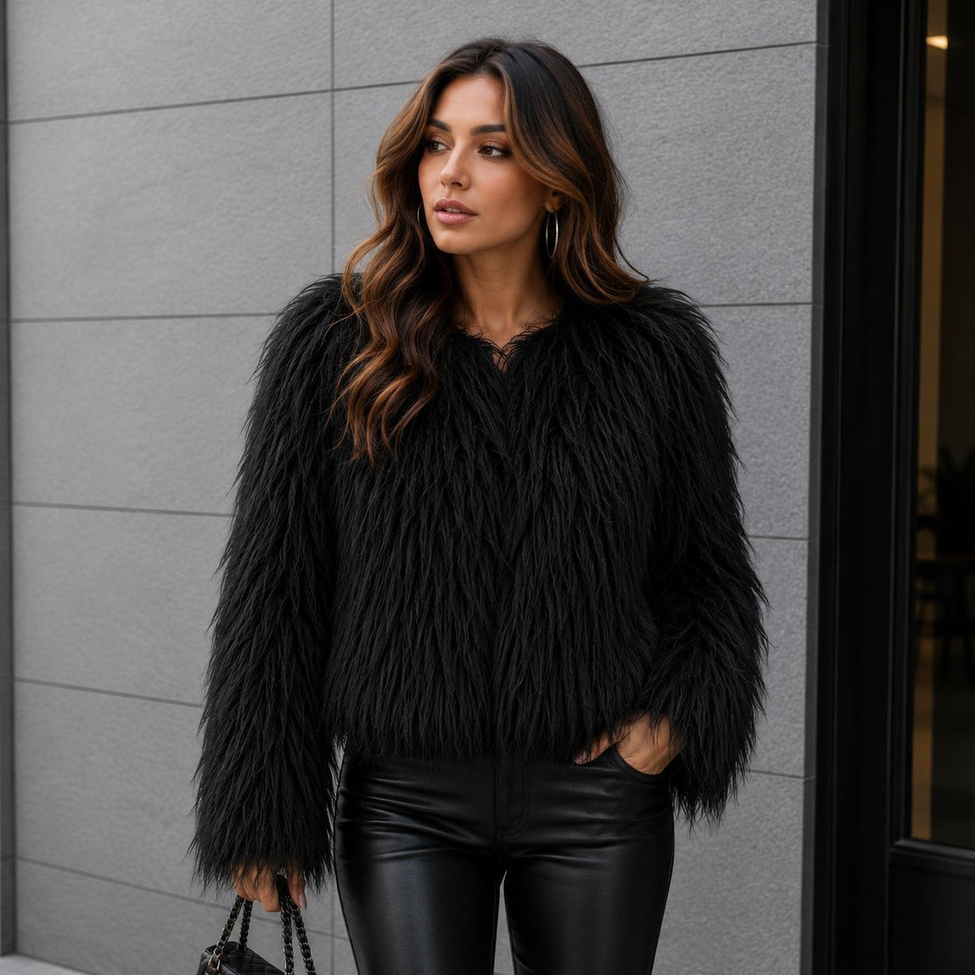 Women Short-Cut Shaggy Faux Fur Jacket with Round Neck, Extra Soft Long Hair and Casual Fit Amarae
