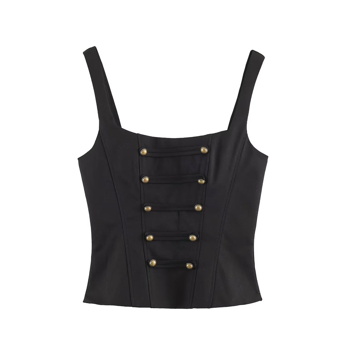 Women's Fitted Corset Top with Decorative Button Placket and Princess Seams Amarae